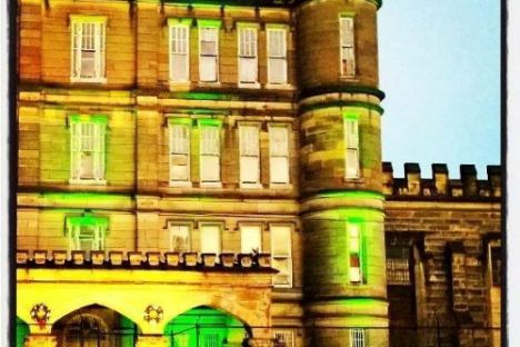 a close up of a yellow building