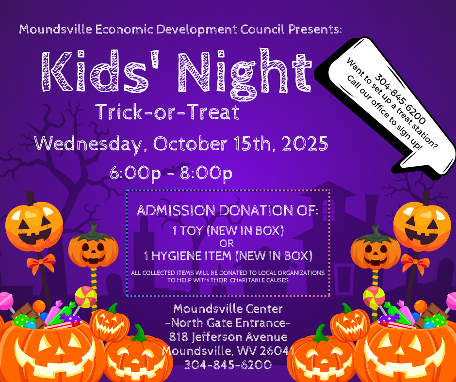 Kids' Night Trick-or-Treat poster with pumpkins and event details for October 15, 2025, 6-8 pm in Moundsville.