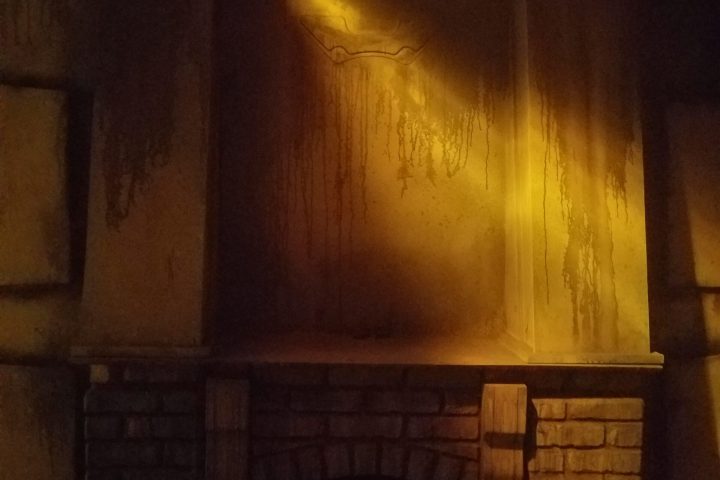 a kitchen with a fireplace