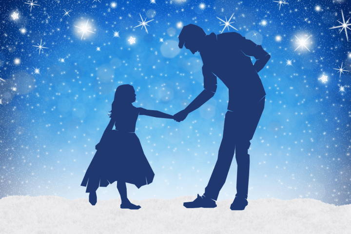 Silhouette of man and girl shaking hands against a starry night sky.
