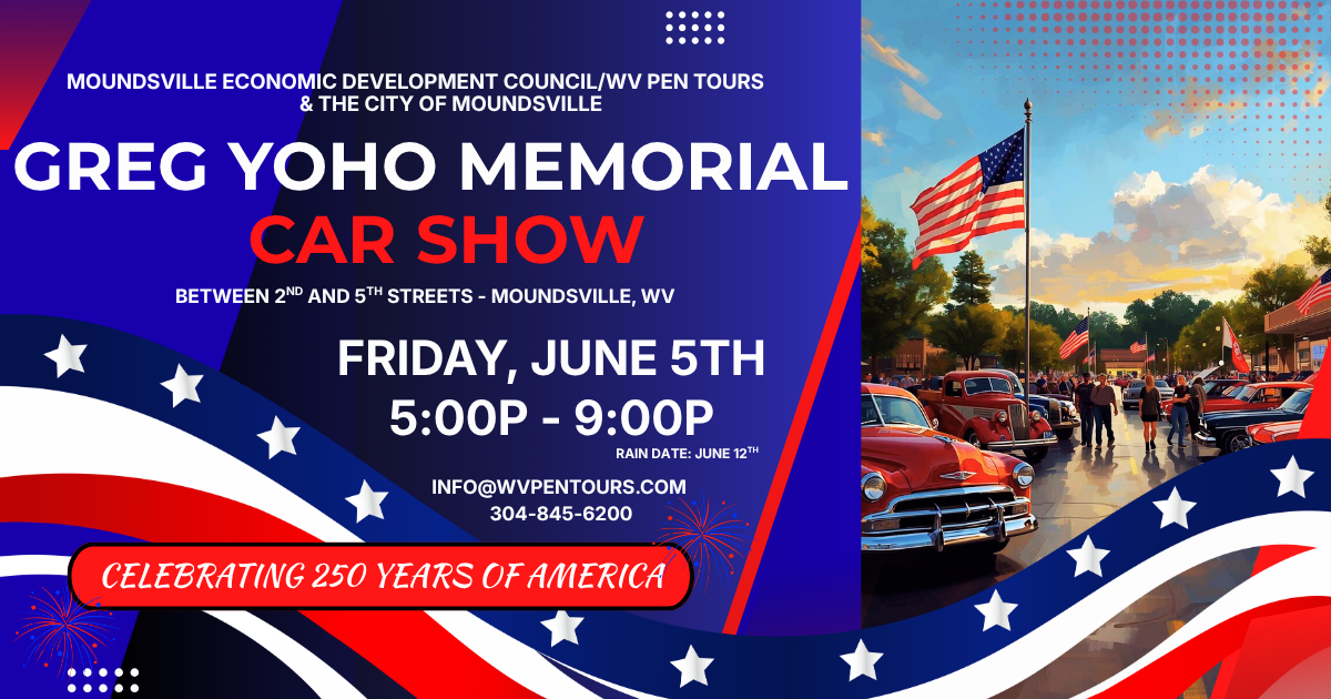Car show flyer with classic cars, U.S. flags, date, and event details in Moundsville, WV, June 5th, 5-9 PM.