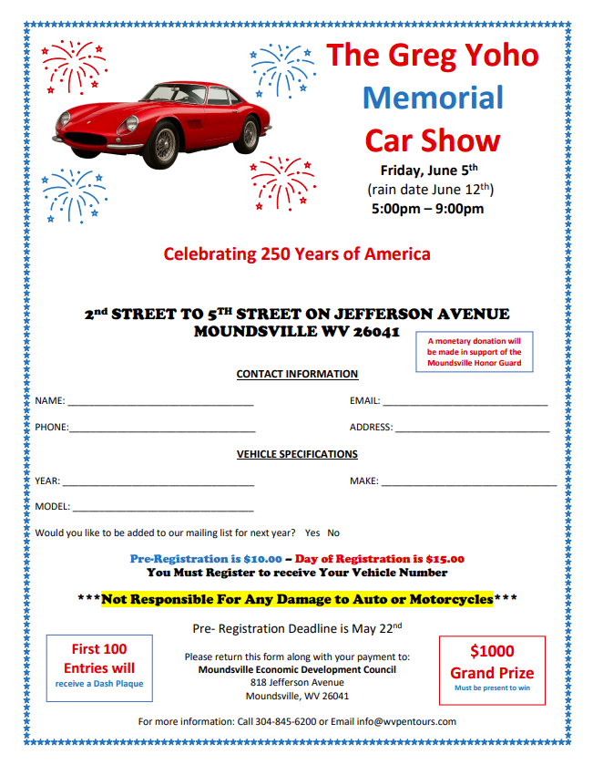 Greg Yoho Memorial Car Show flyer with car, fireworks, and event details in Moundsville, WV.
